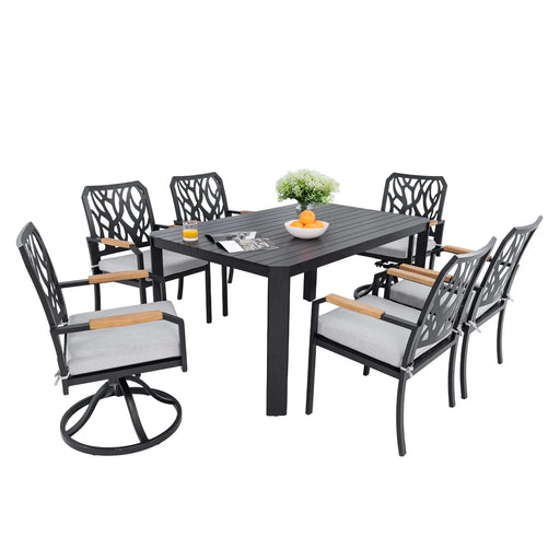 7-PC Outdoor Patio Aluminum Furniture Set, with 4 Dining Chairs & 2 Swivel Rockers Sunbrella Fabric Cushioned, Nature-Inspired Branch-Like Backrest, Rectangular Table with Umbrella Hole, Bourbon Brown Default -DTYStore