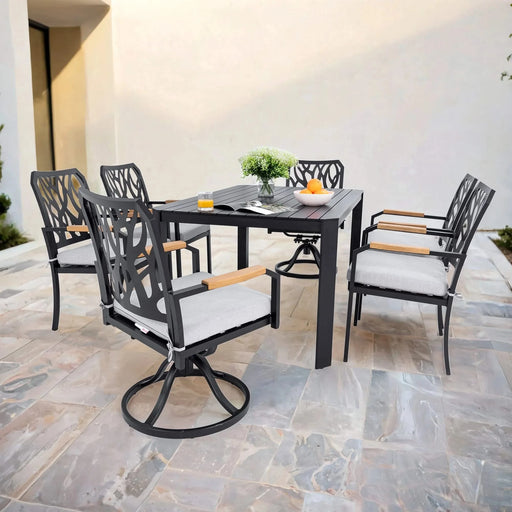 7-PC Outdoor Patio Aluminum Furniture Set, with 4 Dining Chairs & 2 Swivel Rockers Sunbrella Fabric Cushioned, Nature-Inspired Branch-Like Backrest, Rectangular Table with Umbrella Hole, Bourbon Brown Default -DTYStore