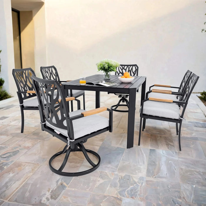 7-PC Outdoor Patio Aluminum Furniture Set, with 4 Dining Chairs & 2 Swivel Rockers Sunbrella Fabric Cushioned, Nature-Inspired Branch-Like Backrest, Rectangular Table with Umbrella Hole, Bourbon Brown Default -DTYStore