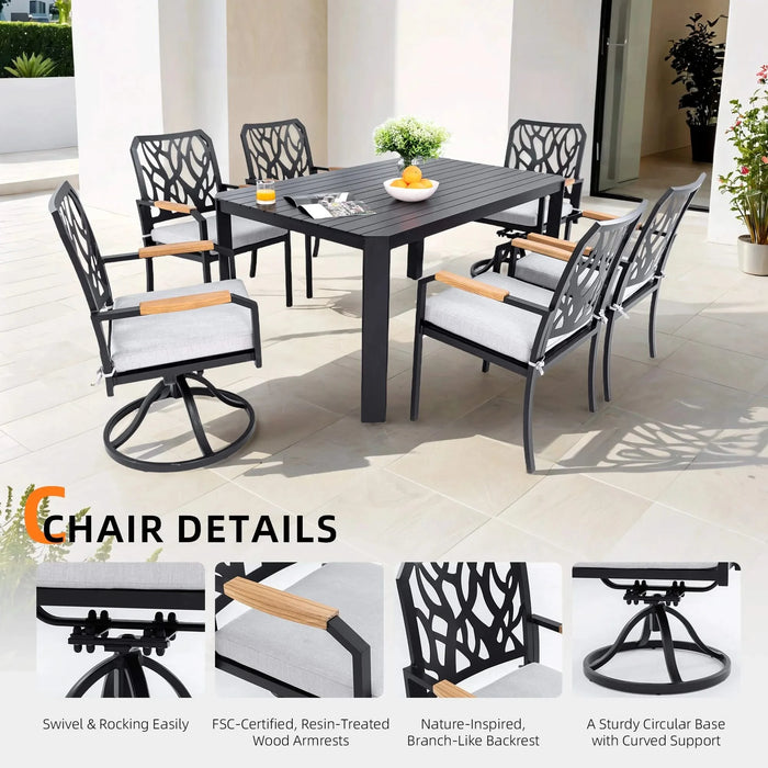 7-PC Outdoor Patio Aluminum Furniture Set, with 4 Dining Chairs & 2 Swivel Rockers Sunbrella Fabric Cushioned, Nature-Inspired Branch-Like Backrest, Rectangular Table with Umbrella Hole, Bourbon Brown Default -DTYStore