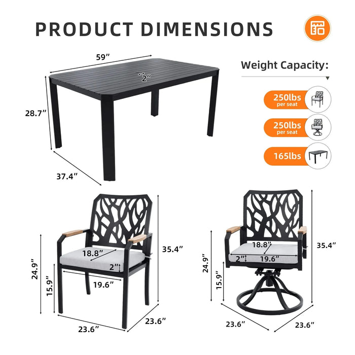 7-PC Outdoor Patio Aluminum Furniture Set, with 4 Dining Chairs & 2 Swivel Rockers Sunbrella Fabric Cushioned, Nature-Inspired Branch-Like Backrest, Rectangular Table with Umbrella Hole, Bourbon Brown Default -DTYStore