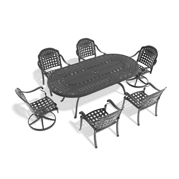 7-Piece All-Weather Cast Aluminum Dining Set, Include 2 Swivel Chairs,4 Dining Chairs and Oval Table With Black Frame Default -DTYStore