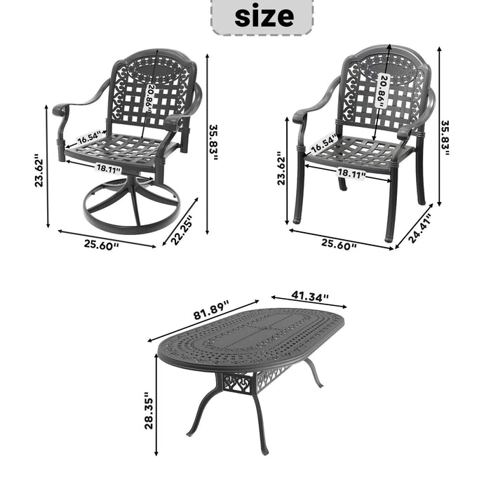 7-Piece All-Weather Cast Aluminum Dining Set, Include 2 Swivel Chairs,4 Dining Chairs and Oval Table With Black Frame Default -DTYStore