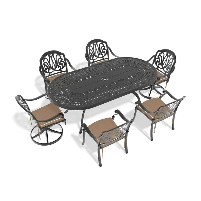 7-Piece All-Weather Cast Aluminum Dining Set, Include 2 Swivel Chairs,4 Dining Chairs and Oval Table With Black Frame Default -DTYStore