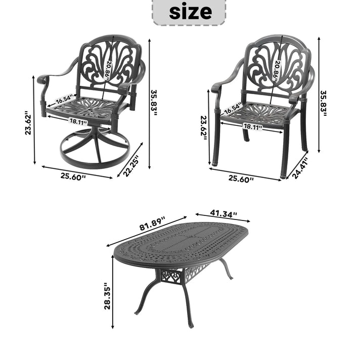 7-Piece All-Weather Cast Aluminum Dining Set, Include 2 Swivel Chairs,4 Dining Chairs and Oval Table With Black Frame Default -DTYStore