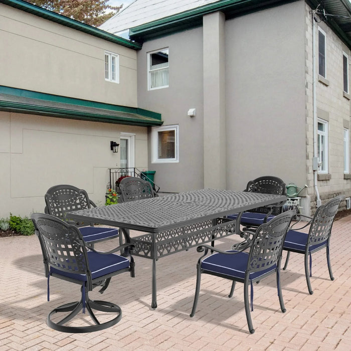 7-Piece All-Weather Cast Aluminum Dining Set, Include 2 Swivel Chairs,6 Dining Chairs and Rectangular Table With Black Frame Default -DTYStore