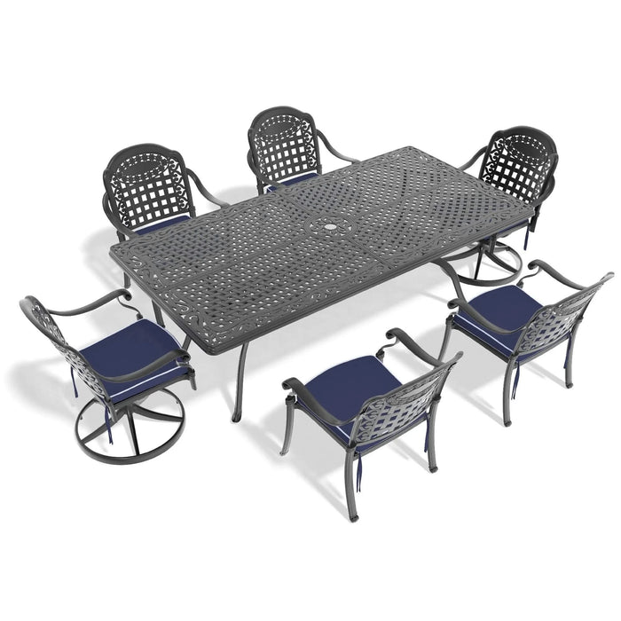 7-Piece All-Weather Cast Aluminum Dining Set, Include 2 Swivel Chairs,6 Dining Chairs and Rectangular Table With Black Frame Default -DTYStore