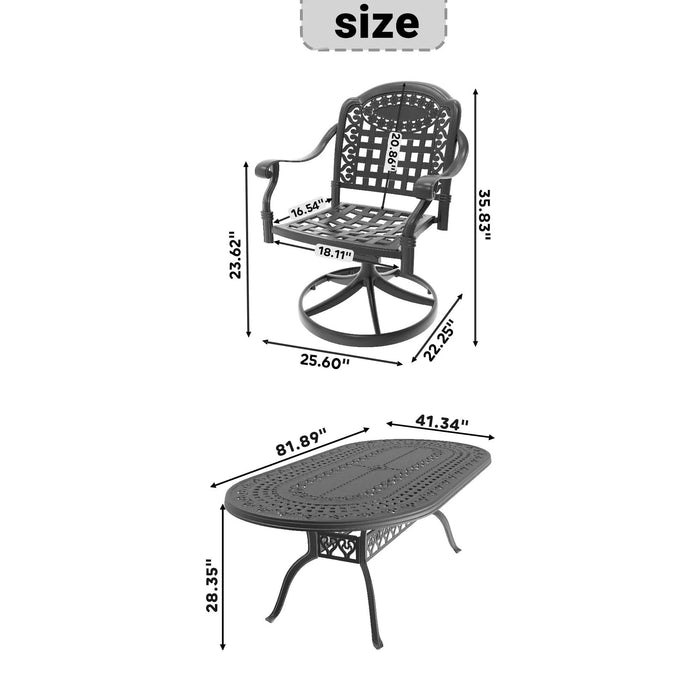 7-Piece All-Weather Cast Aluminum Dining Set, Include 6 Swivel Chairs and Oval Table With Black Frame Default -DTYStore