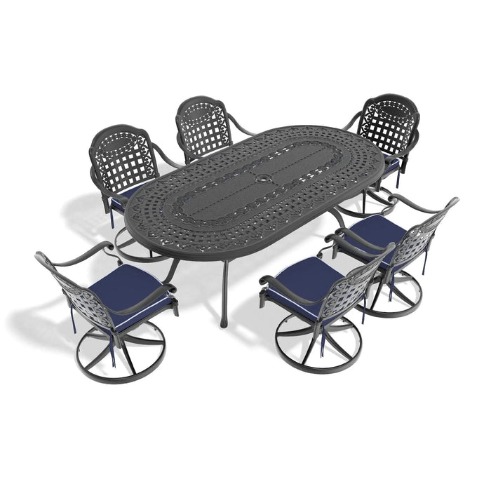 7-Piece All-Weather Cast Aluminum Dining Set, Include 6 Swivel Chairs and Oval Table With Black Frame Default -DTYStore