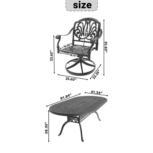 7-Piece All-Weather Cast Aluminum Dining Set, Include 6 Swivel Chairs and Oval Table With Black Frame Default -DTYStore