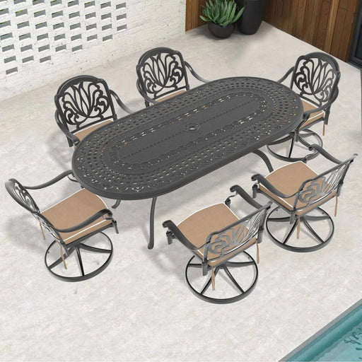 7-Piece All-Weather Cast Aluminum Dining Set, Include 6 Swivel Chairs and Oval Table With Black Frame Default -DTYStore