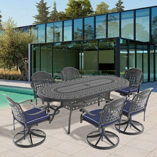 7-Piece All-Weather Cast Aluminum Dining Set, Include 6 Swivel Chairs and Oval Table With Black Frame Default -DTYStore