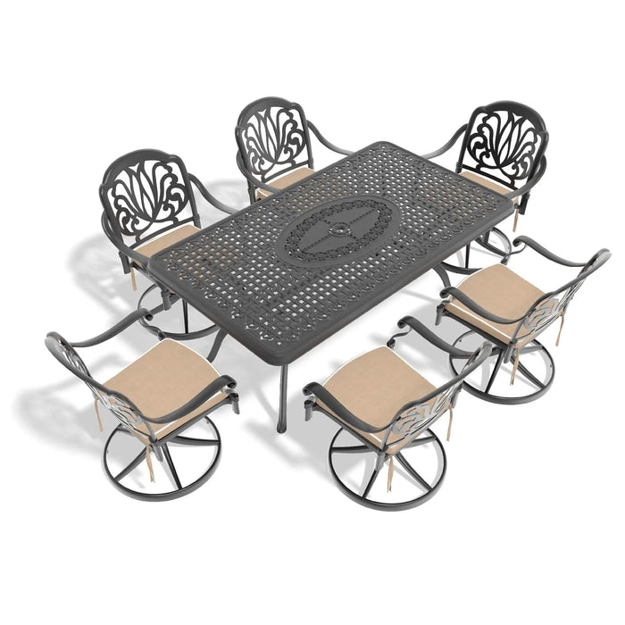 7-Piece All-Weather Cast Aluminum Dining Set, Include 6 Swivel Chairs and Rectangular Table With Black Frame Default -DTYStore