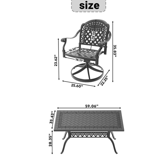 7-Piece All-Weather Cast Aluminum Dining Set, Include 6 Swivel Chairs and Rectangular Table With Black Frame Default -DTYStore