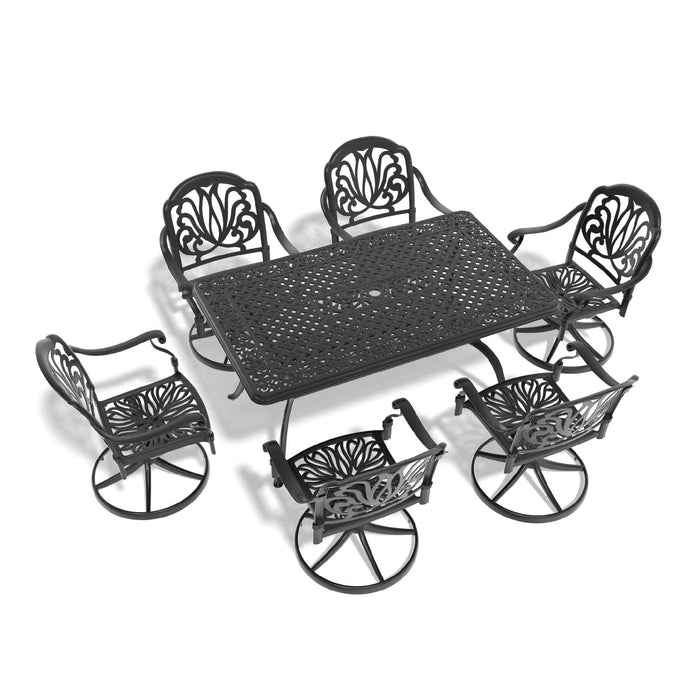 7-Piece All-Weather Cast Aluminum Dining Set, Include 6 Swivel Chairs and Rectangular Table With Black Frame Default -DTYStore