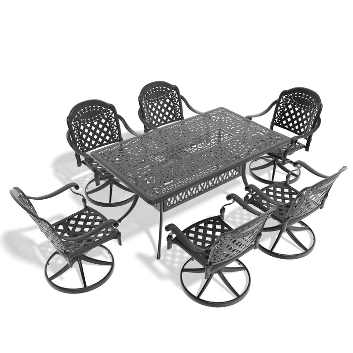 7-Piece All-Weather Cast Aluminum Dining Set, Include 6 Swivel Chairs and Rectangular Table With Black Frame Default -DTYStore