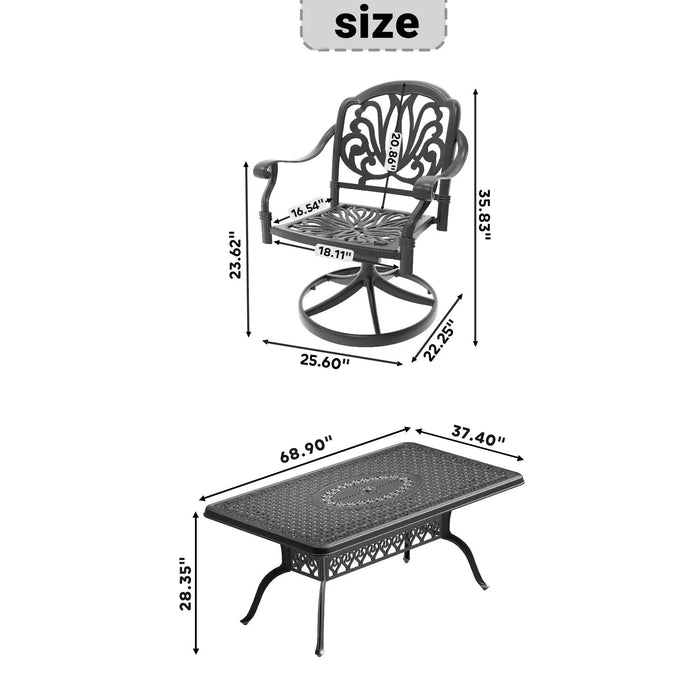 7-Piece All-Weather Cast Aluminum Dining Set, Include 6 Swivel Chairs and Rectangular Table With Black Frame Default -DTYStore