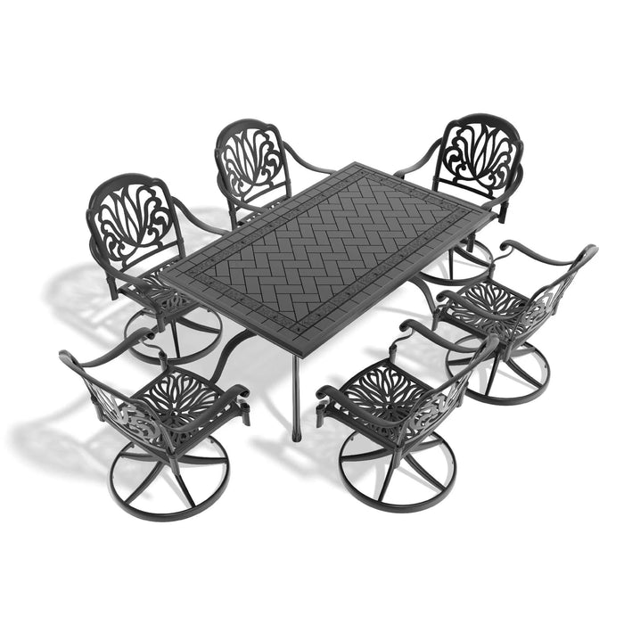 7-Piece All-Weather Cast Aluminum Dining Set, Include 6 Swivel Chairs and Rectangular Table With Black Frame Default -DTYStore