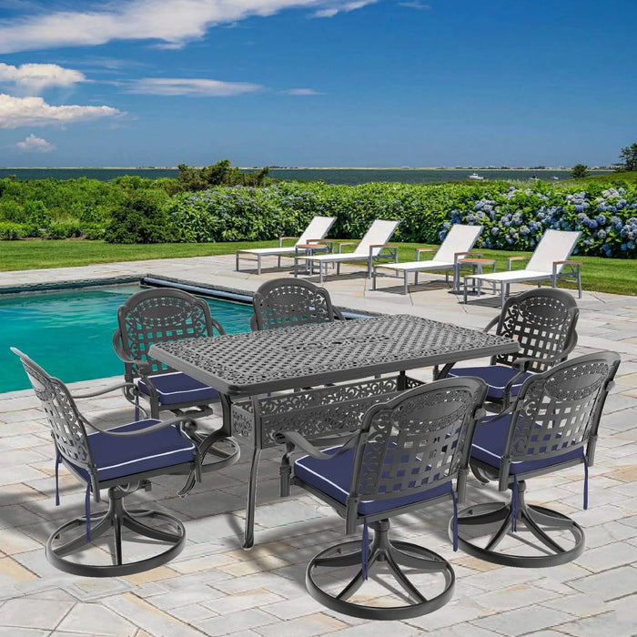 7-Piece All-Weather Cast Aluminum Dining Set, Include 6 Swivel Chairs and Rectangular Table With Black Frame Default -DTYStore