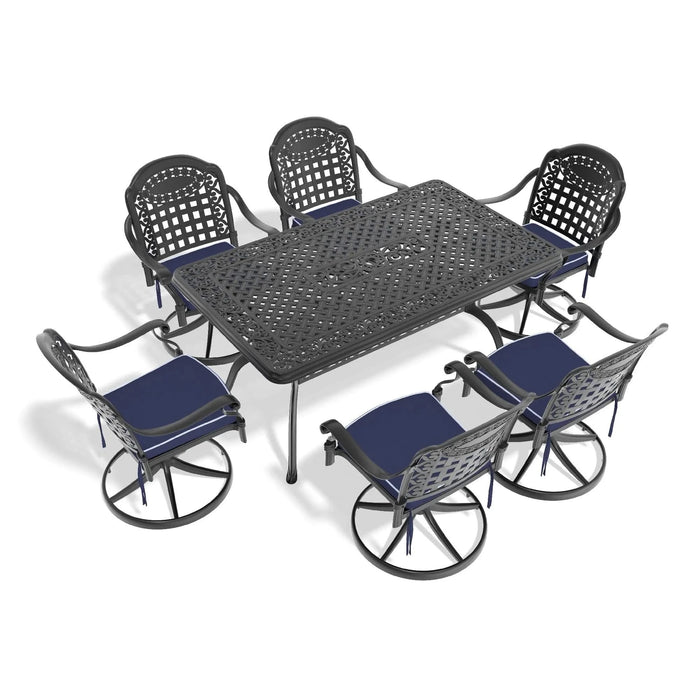 7-Piece All-Weather Cast Aluminum Dining Set, Include 6 Swivel Chairs and Rectangular Table With Black Frame Default -DTYStore