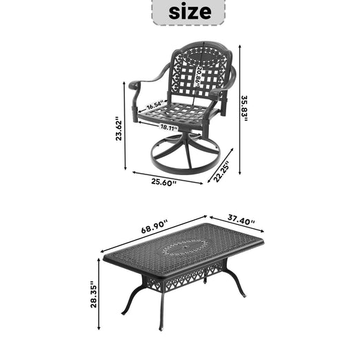 7-Piece All-Weather Cast Aluminum Dining Set, Include 6 Swivel Chairs and Rectangular Table With Black Frame Default -DTYStore
