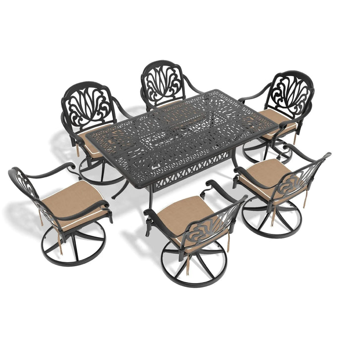 7-Piece All-Weather Cast Aluminum Dining Set, Include 6 Swivel Chairs and Rectangular Table With Black Frame Default -DTYStore