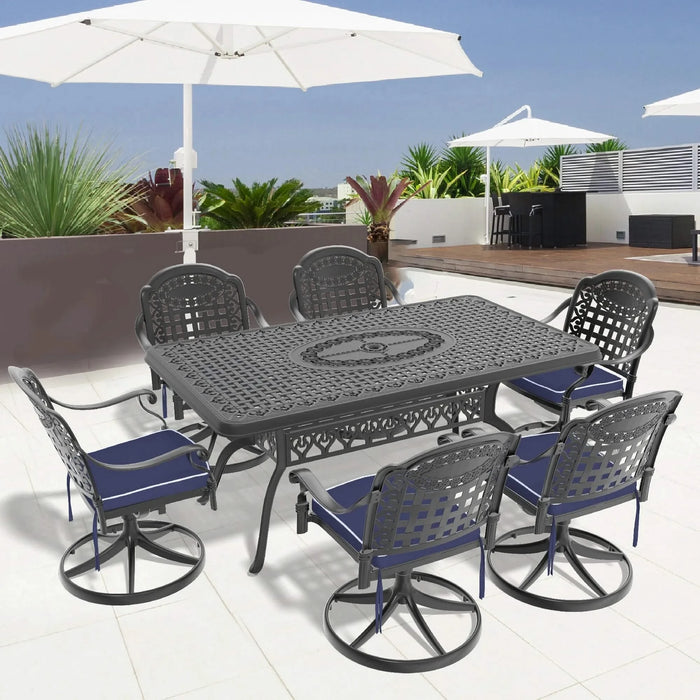 7-Piece All-Weather Cast Aluminum Dining Set, Include 6 Swivel Chairs and Rectangular Table With Black Frame Default -DTYStore