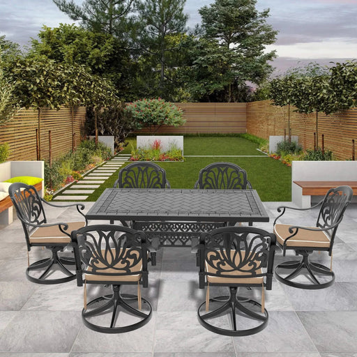 7-Piece All-Weather Cast Aluminum Dining Set, Include 6 Swivel Chairs and Rectangular Table With Black Frame Default -DTYStore