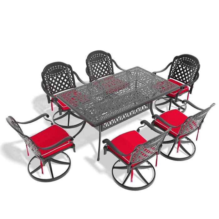 7-Piece All-Weather Cast Aluminum Dining Set, Include 6 Swivel Chairs and Rectangular Table With Black Frame Default -DTYStore
