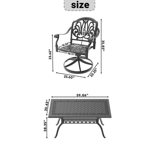 7-Piece All-Weather Cast Aluminum Dining Set, Include 6 Swivel Chairs and Rectangular Table With Black Frame Default -DTYStore