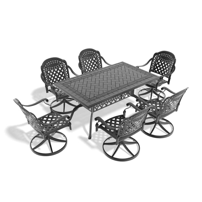 7-Piece All-Weather Cast Aluminum Dining Set, Include 6 Swivel Chairs and Rectangular Table With Black Frame Default -DTYStore