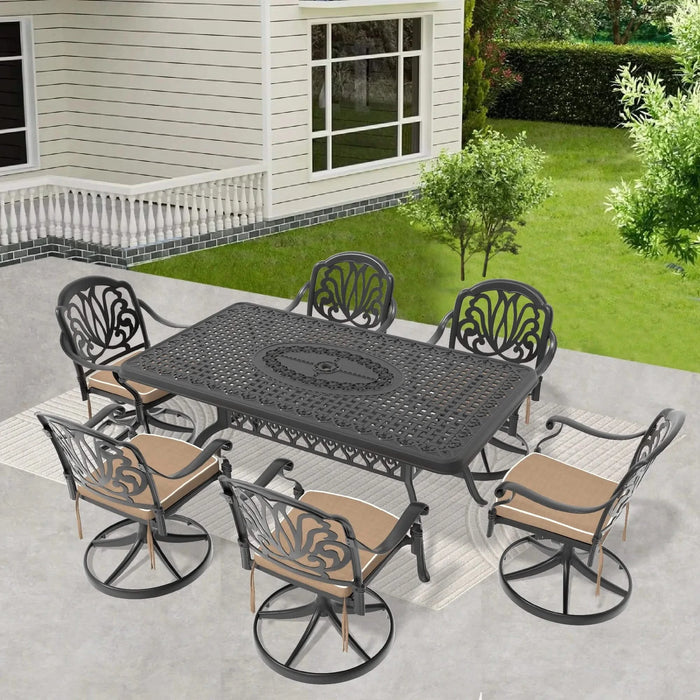 7-Piece All-Weather Cast Aluminum Dining Set, Include 6 Swivel Chairs and Rectangular Table With Black Frame Default -DTYStore