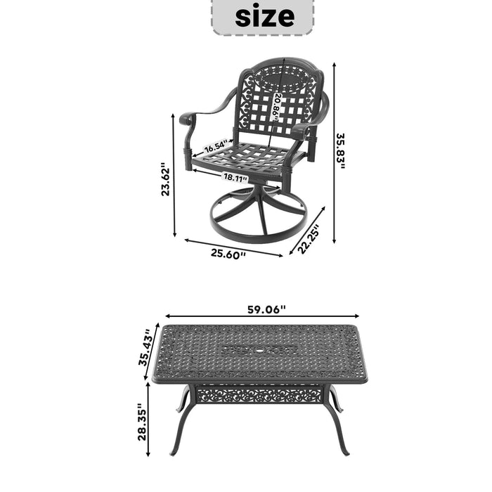 7-Piece All-Weather Cast Aluminum Dining Set, Include 6 Swivel Chairs and Rectangular Table With Black Frame Default -DTYStore