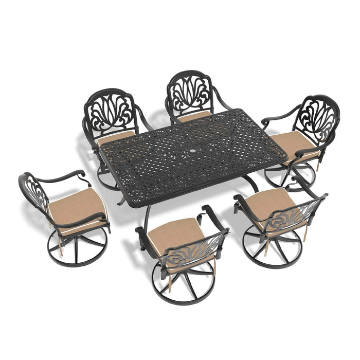 7-Piece All-Weather Cast Aluminum Dining Set, Include 6 Swivel Chairs and Rectangular Table With Black Frame Default -DTYStore