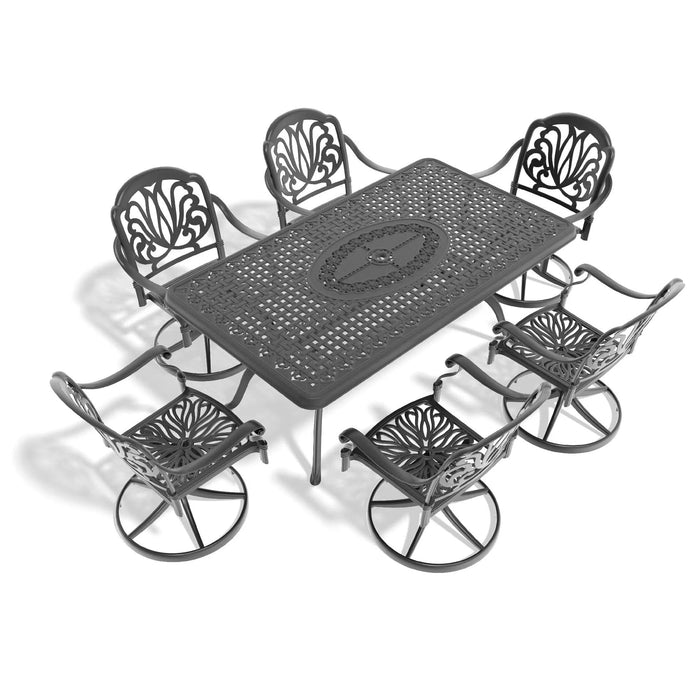 7-Piece All-Weather Cast Aluminum Dining Set, Include 6 Swivel Chairs and Rectangular Table With Black Frame Default -DTYStore