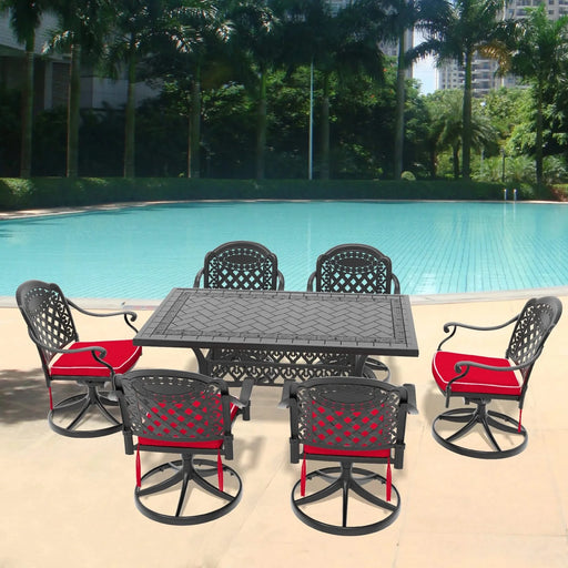 7-Piece All-Weather Cast Aluminum Dining Set, Include 6 Swivel Chairs and Rectangular Table With Black Frame Default -DTYStore