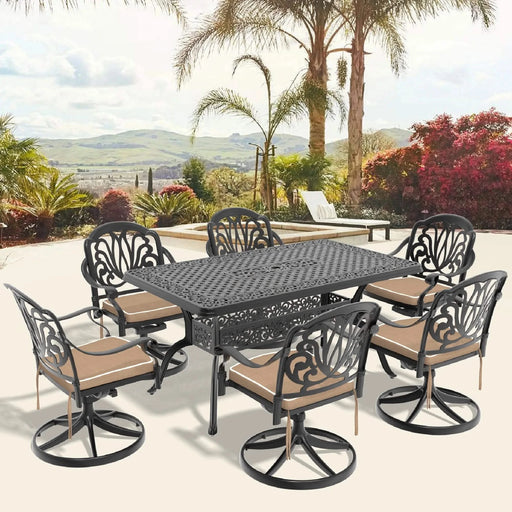 7-Piece All-Weather Cast Aluminum Dining Set, Include 6 Swivel Chairs and Rectangular Table With Black Frame Default -DTYStore