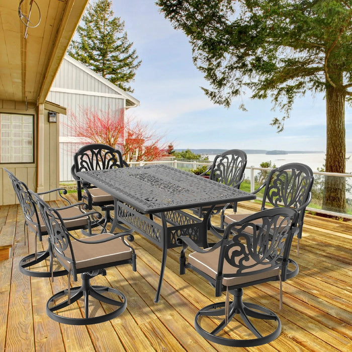 7-Piece All-Weather Cast Aluminum Dining Set, Include 6 Swivel Chairs and Rectangular Table With Black Frame Default -DTYStore