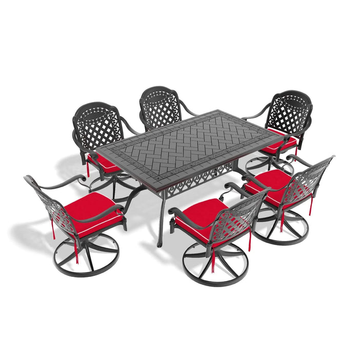 7-Piece All-Weather Cast Aluminum Dining Set, Include 6 Swivel Chairs and Rectangular Table With Black Frame Default -DTYStore