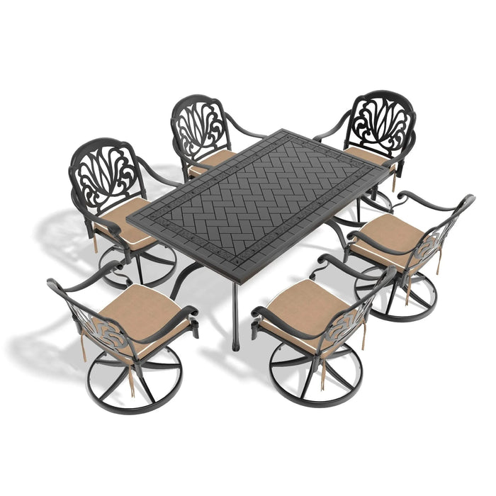 7-Piece All-Weather Cast Aluminum Dining Set, Include 6 Swivel Chairs and Rectangular Table With Black Frame Default -DTYStore