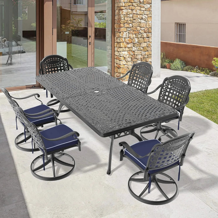 7-Piece All-Weather Cast Aluminum Dining Set, Include 6 Swivel Chairs and Rectangular Table With Black Frame Default -DTYStore