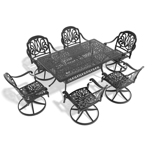7-Piece All-Weather Cast Aluminum Dining Set, Include 6 Swivel Chairs and Rectangular Table With Black Frame Default -DTYStore