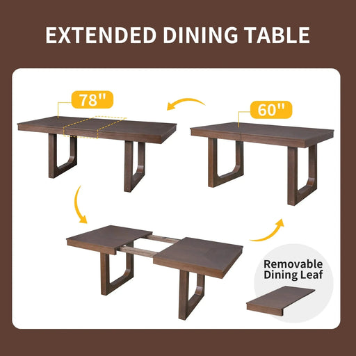 7-Piece Farmhouse Extendable Dining Table Set, 78 in Rustic Wood Table with 18 in Removable Leaf and 6 Upholstered Chairs for Dining Room Default -DTYStore