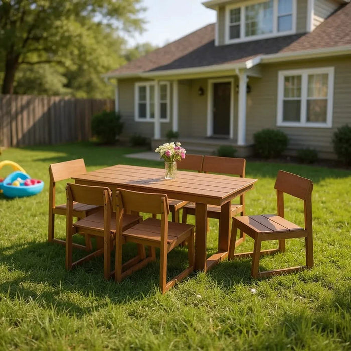 7-Piece HDPE Outdoor Dining Set for 6 – Weather-Resistant Patio Table with Umbrella Hole and 6 Armless Chairs, Durable Garden Furniture for Backyard, Lawn, Deck, or Poolside (Antique Dark Oak) Default -DTYStore