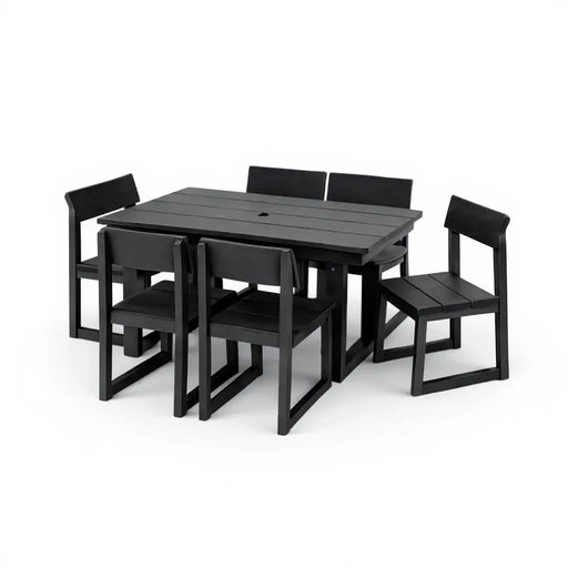 7-Piece HDPE Outdoor Dining Set for 6 – Weather-Resistant Patio Table with Umbrella Hole and 6 Armless Chairs, Durable Garden Furniture for Backyard, Lawn, Deck, or Poolside (Black) Default -DTYStore