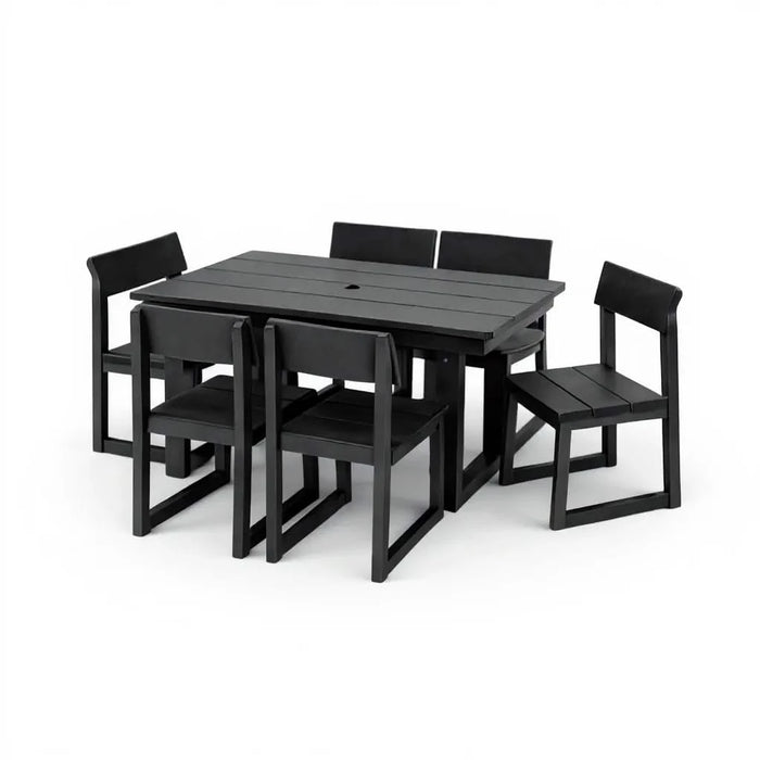 7-Piece HDPE Outdoor Dining Set for 6 – Weather-Resistant Patio Table with Umbrella Hole and 6 Armless Chairs, Durable Garden Furniture for Backyard, Lawn, Deck, or Poolside (Black) Default -DTYStore