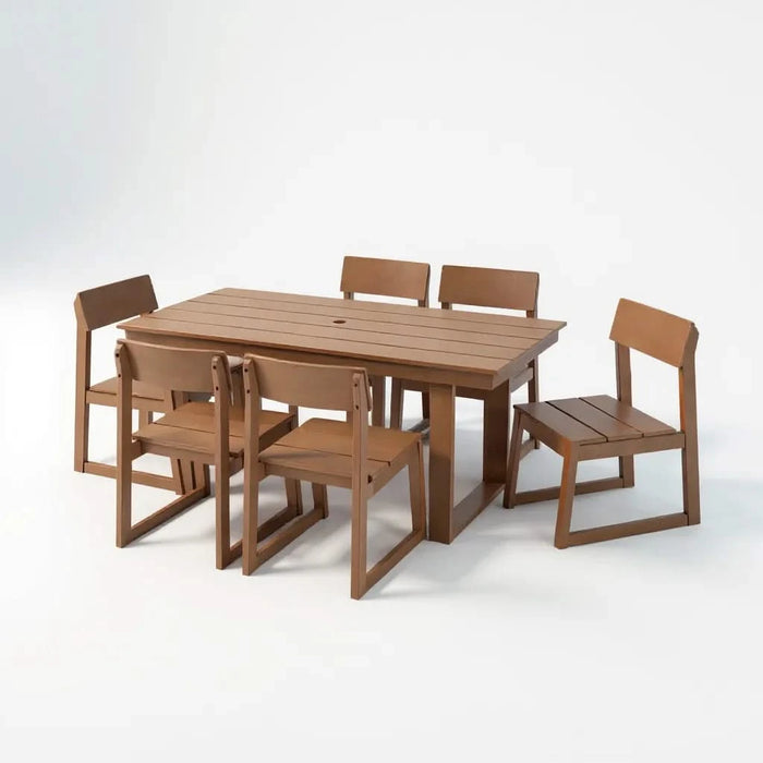 7-Piece HDPE Outdoor Dining Set for 6 – Weather-Resistant Patio Table with Umbrella Hole and 6 Armless Chairs, Durable Garden Furniture for Backyard, Lawn, Deck, or Poolside (Brown) Default -DTYStore