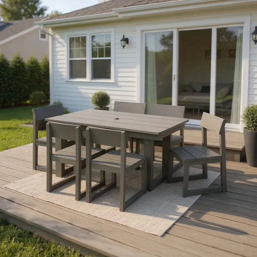 7-Piece HDPE Outdoor Dining Set for 6 – Weather-Resistant Patio Table with Umbrella Hole and 6 Armless Chairs, Durable Garden Furniture for Backyard, Lawn, Deck, or Poolside (Gray) Default -DTYStore