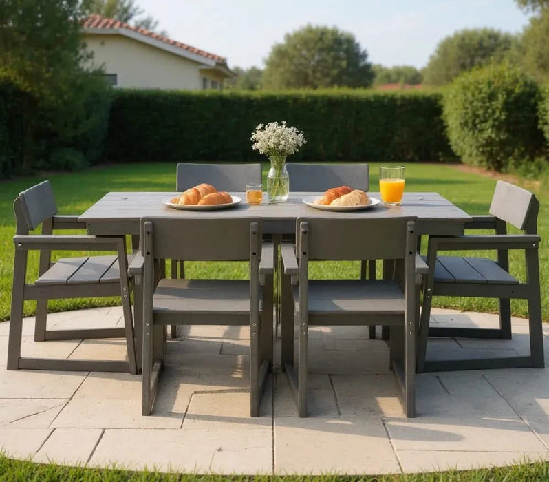 7-Piece HDPE Outdoor Dining Set for 6 – Weather-Resistant Patio Table with Umbrella Hole and 6 Armrest Chairs, Durable Garden Furniture for Backyard, Lawn, Deck, or Poolside (Grey) Default -DTYStore