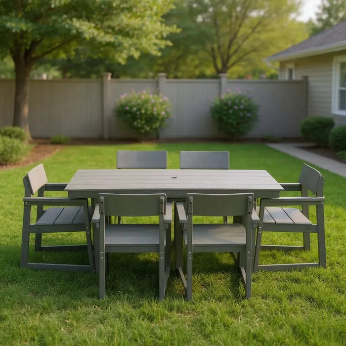 7-Piece HDPE Outdoor Dining Set for 6 – Weather-Resistant Patio Table with Umbrella Hole and 6 Armrest Chairs, Durable Garden Furniture for Backyard, Lawn, Deck, or Poolside (Grey) Default -DTYStore